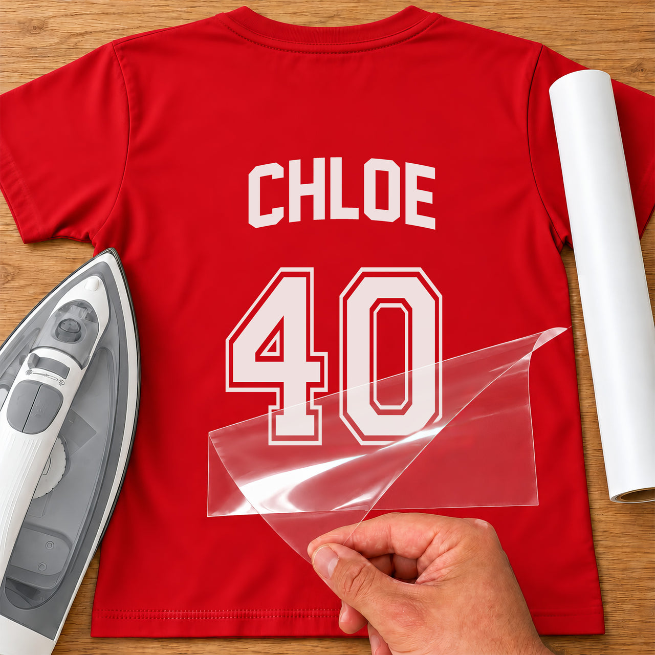 Red T-shirt back with white 'CHLOE 40' name and number HTV transfer, carrier film lifted, white vinyl roll beside