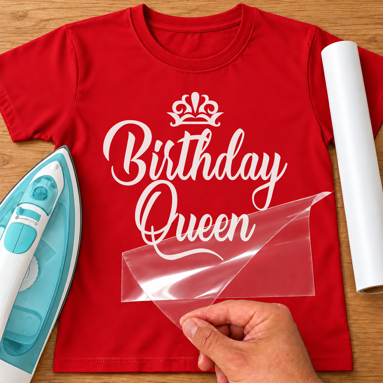 White 'Birthday Queen' script iron-on transfer with crown on a red T-shirt, film being peeled