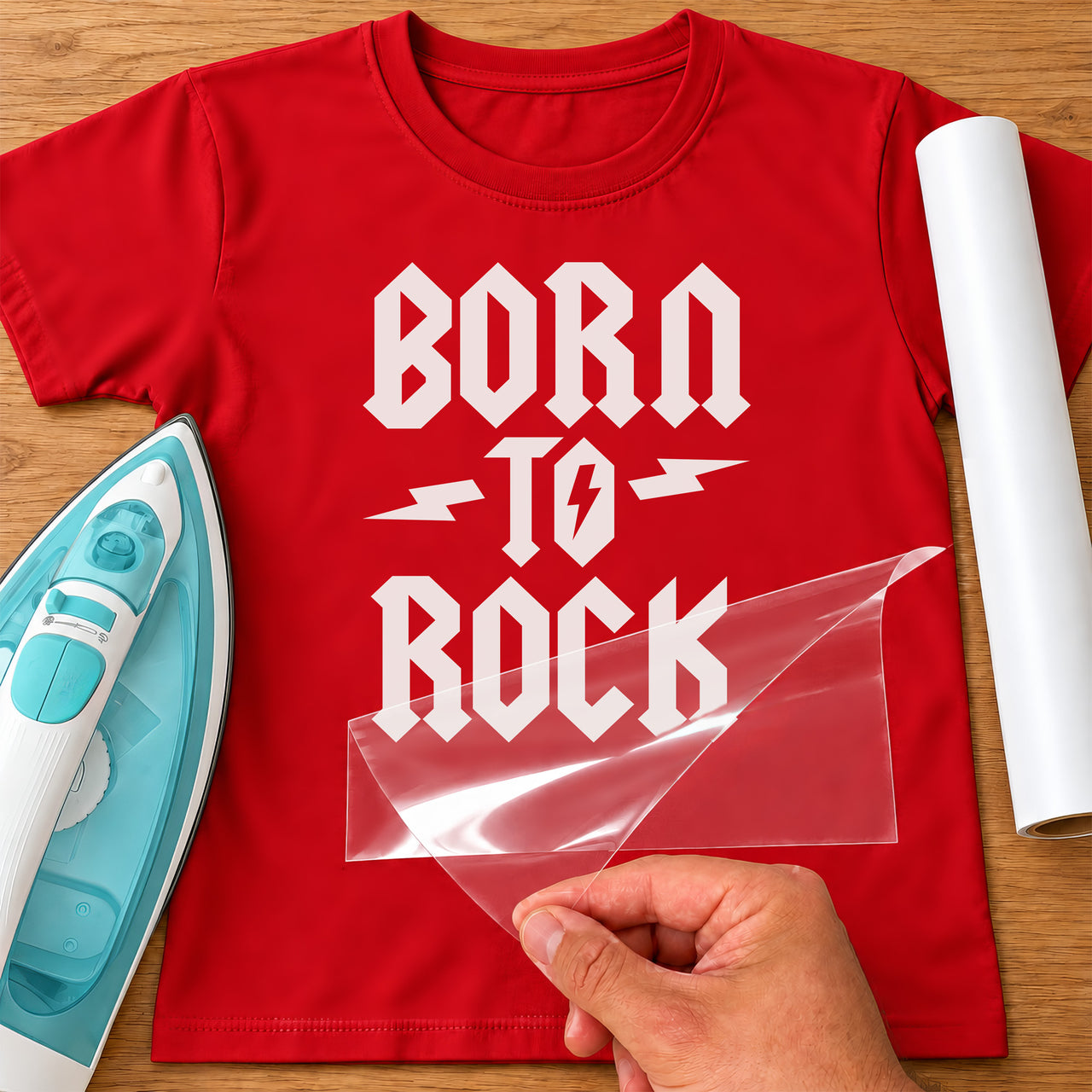 Red T-shirt with white "Born to Rock" lettering and lightning bolts, iron and vinyl roll beside it