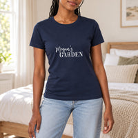 Garden Name Iron-On Transfer - Personalised Name Design, shown on a navy t-shirt