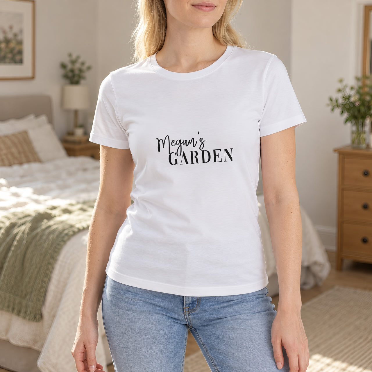 Garden Name Iron-On Transfer - Personalised Name Design, shown on a white t-shirt