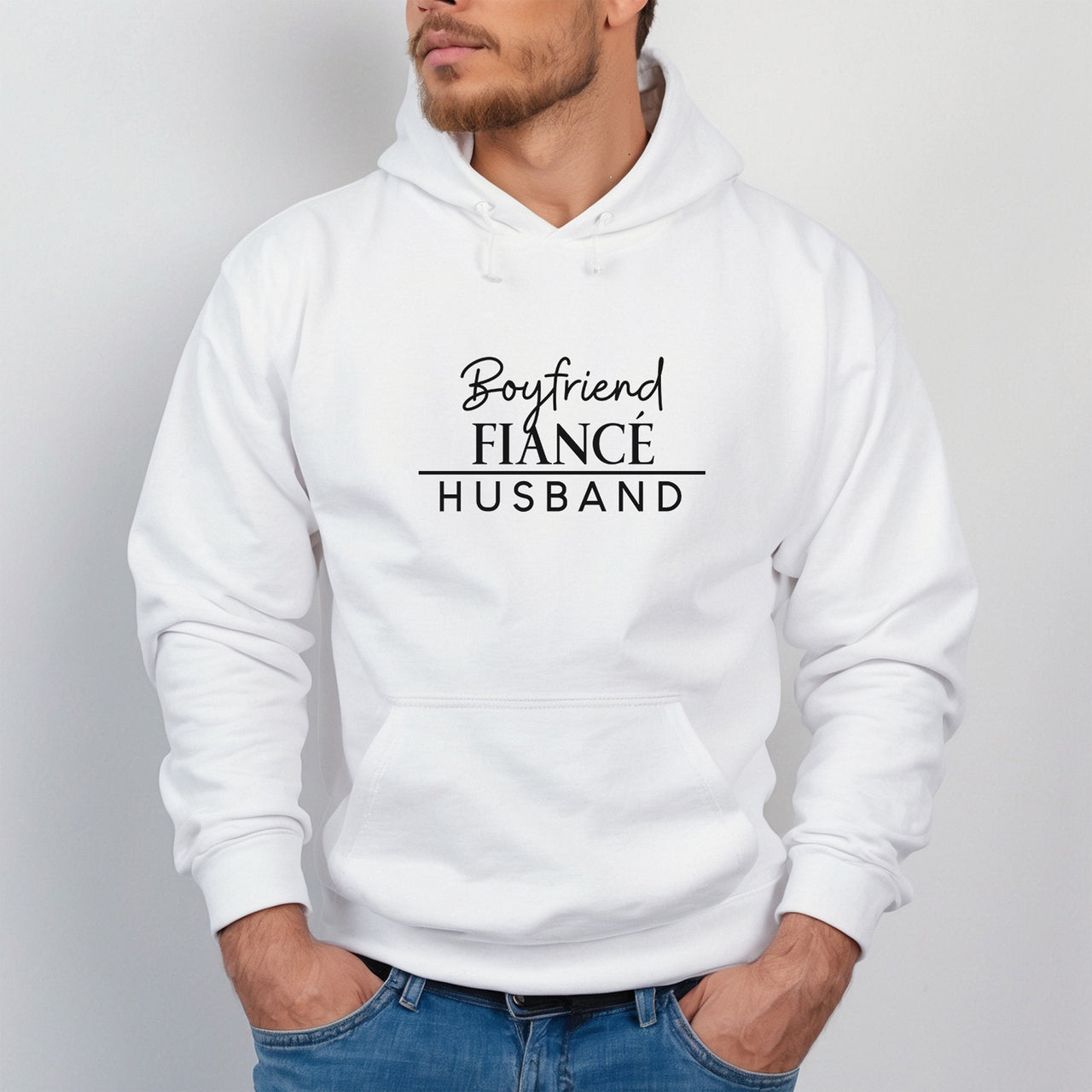 Boyfriend Fiance Husband Iron-On Transfer - Relationship Progression Design shown on a hoodie