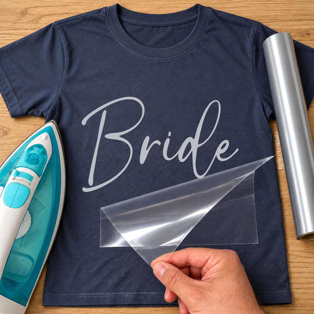 Navy T-shirt with silver iron-on vinyl script 'Bride', iron and vinyl roll beside