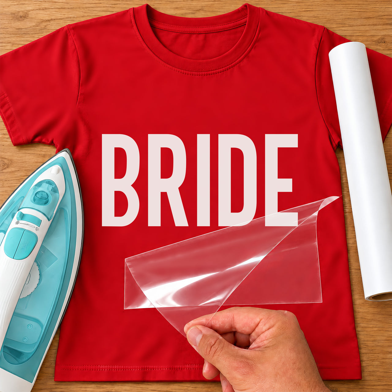 Red T-shirt with 'BRIDE' in white bold capitals, iron and vinyl roll beside, iron-on vinyl transfer