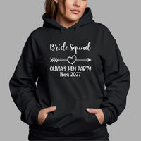 Bride Squad Hen Party Iron-On Transfer - Personalised Name, Destination & Year shown on a hoodie