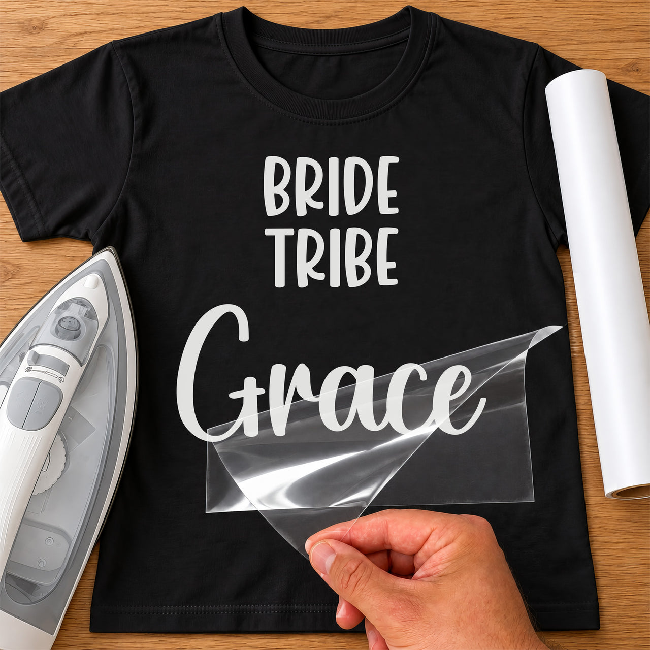 Bride Tribe iron-on transfer: white BRIDE TRIBE Grace on a black T-shirt, film being peeled