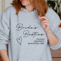 Bride's Besties Hen Party Iron-On Transfer shown on a hoodie