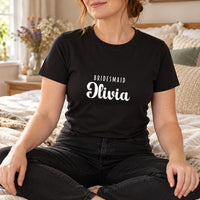 Bridesmaid Name Iron-On Transfer, shown on a black t-shirt