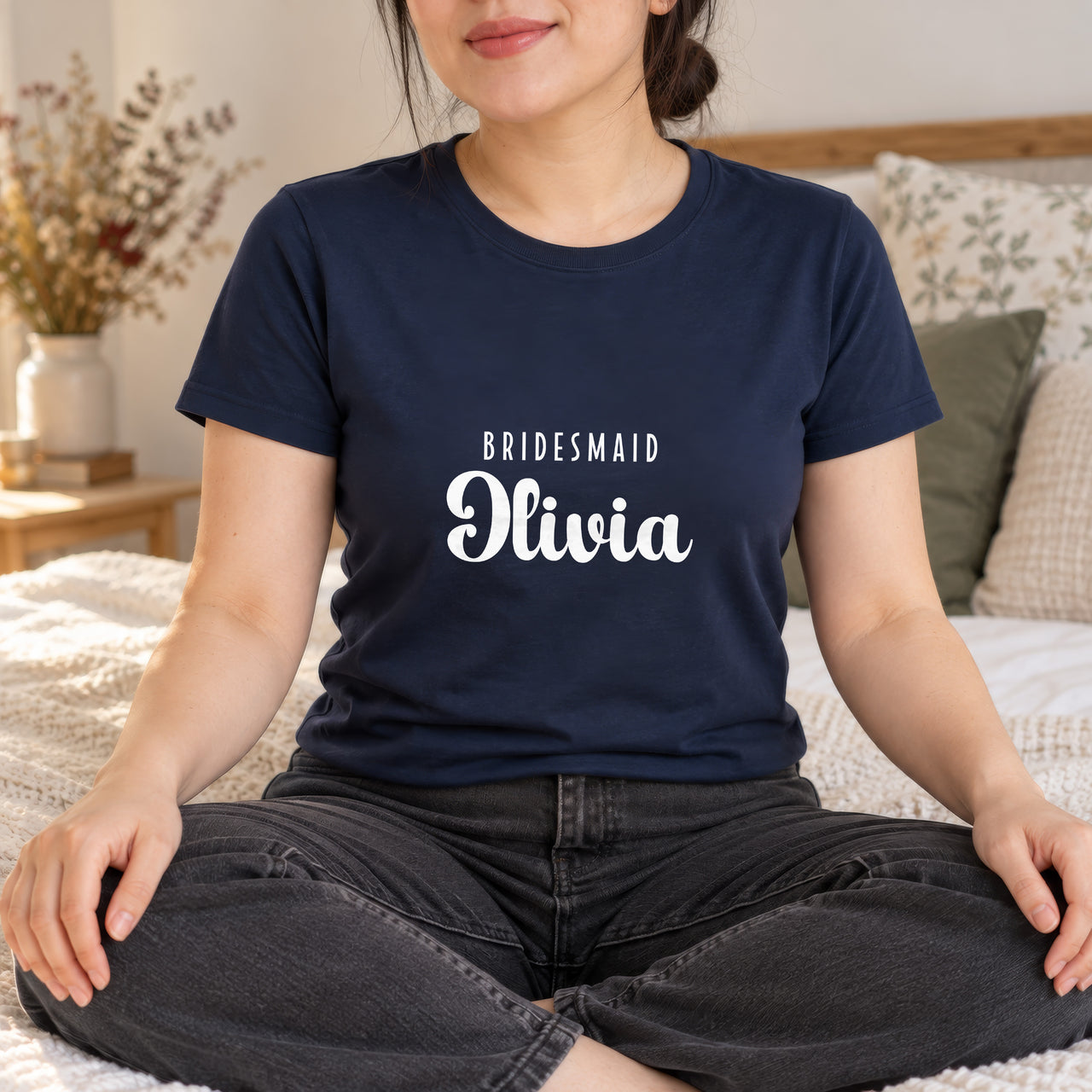 Bridesmaid Name Iron-On Transfer, shown on a navy t-shirt