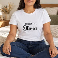 Bridesmaid Name Iron-On Transfer, shown on a white t-shirt