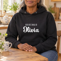 Bridesmaid Name Iron-On Transfer, shown on a black hoodie