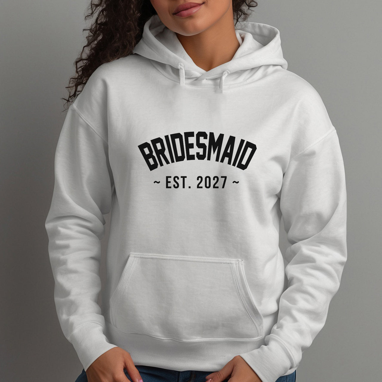 Bridesmaid Varsity Iron-On Transfer shown on a hoodie