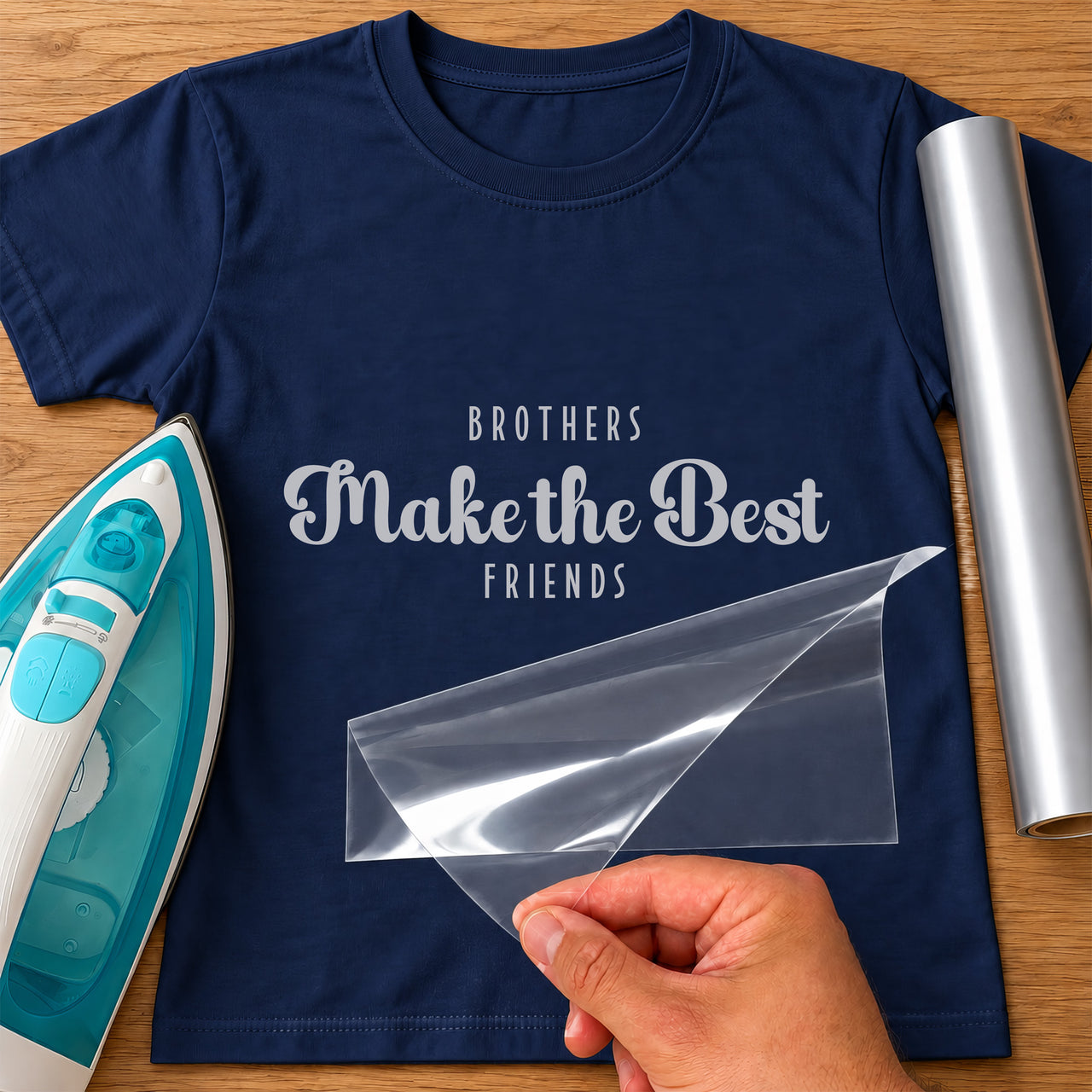 Navy T-shirt mockup with silver "BROTHERS Make the Best FRIENDS", the middle line in script