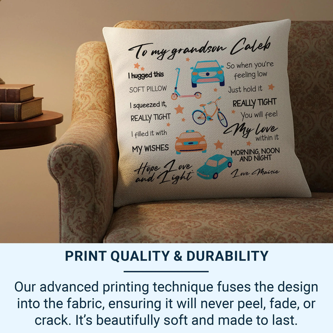 Personalised Grandson Cushion – Custom Kids Cushion with Playful Car & Stars Design