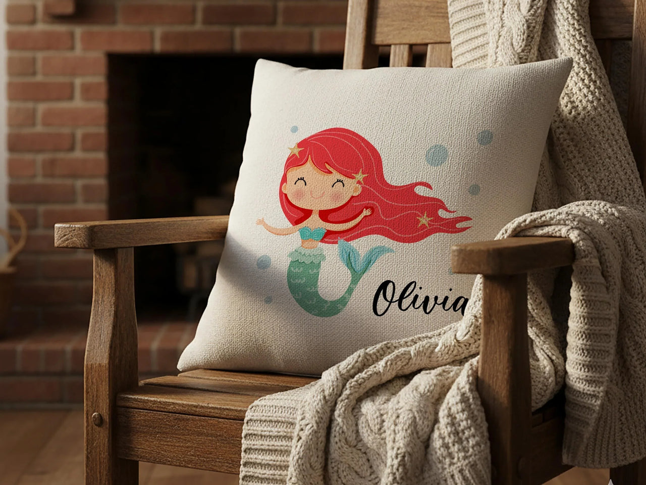Personalised Mermaid Cushion – Soft Kids Room Pillow With Custom Name Detail