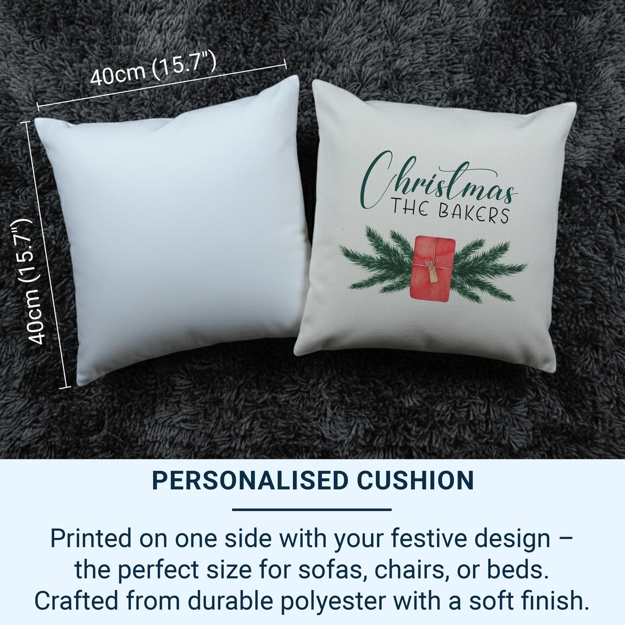 Personalised Family Christmas Cushion - Pine & Gift Design with Family Name