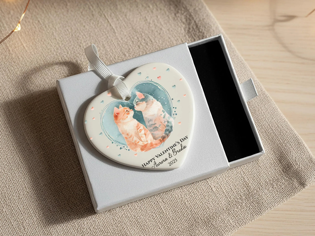 Valentine Cats Heart Ornament - Romantic Keepsake with Names for Cat Loving Couples