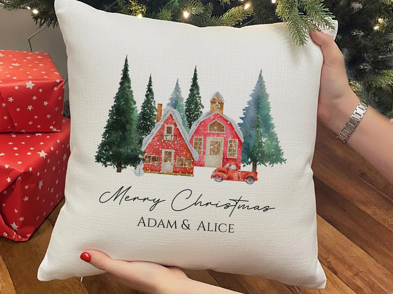 Personalised Christmas Cushion – Red Winter Design | Linen & White Cover