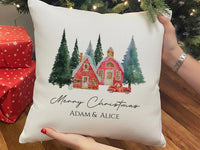 Personalised Christmas Cushion – Red Winter Design | Linen & White Cover