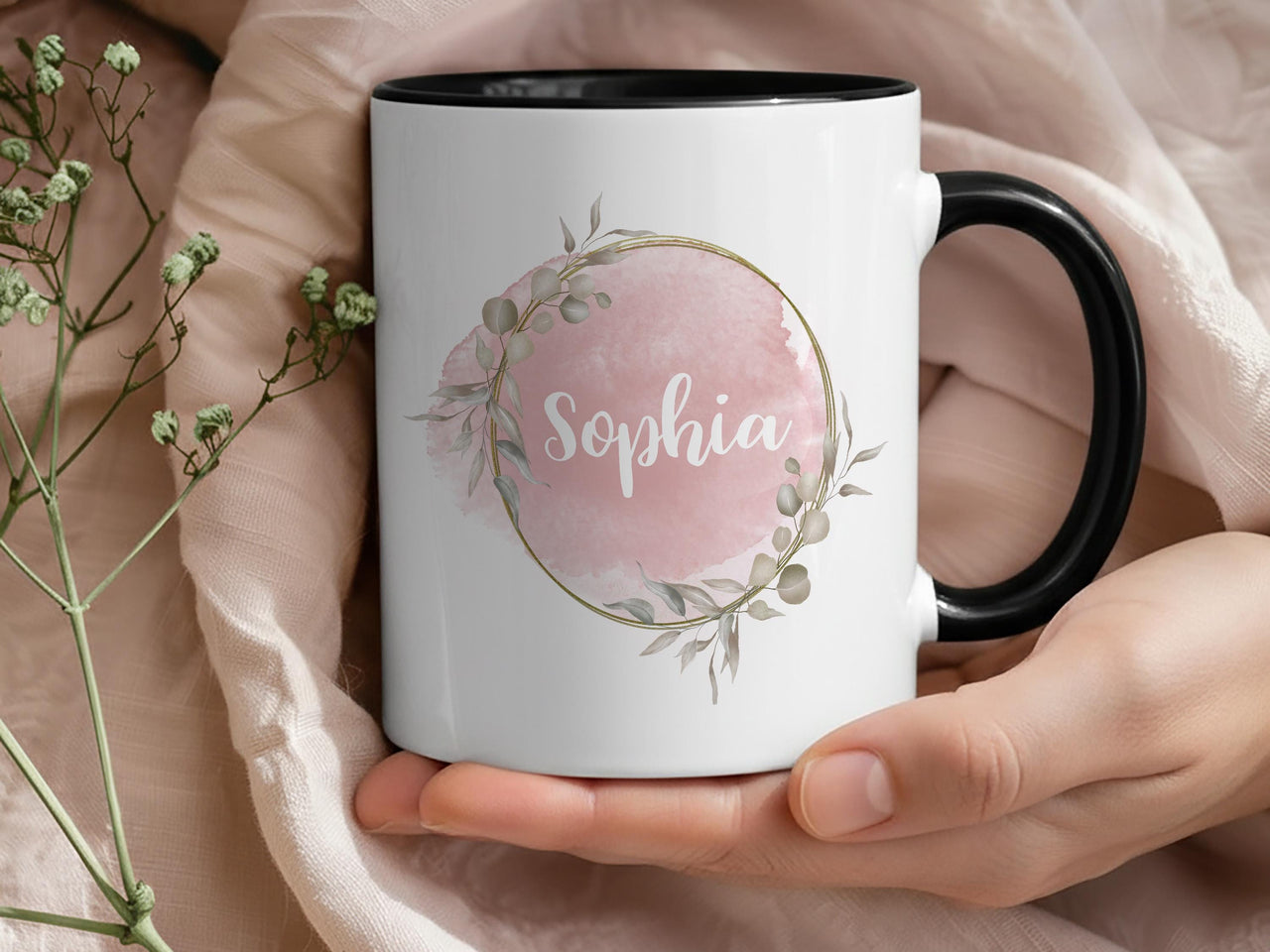 Personalised Name Mug – Pink Watercolour with Gold Wreath and Green Leaves – Elegant Gift for Her