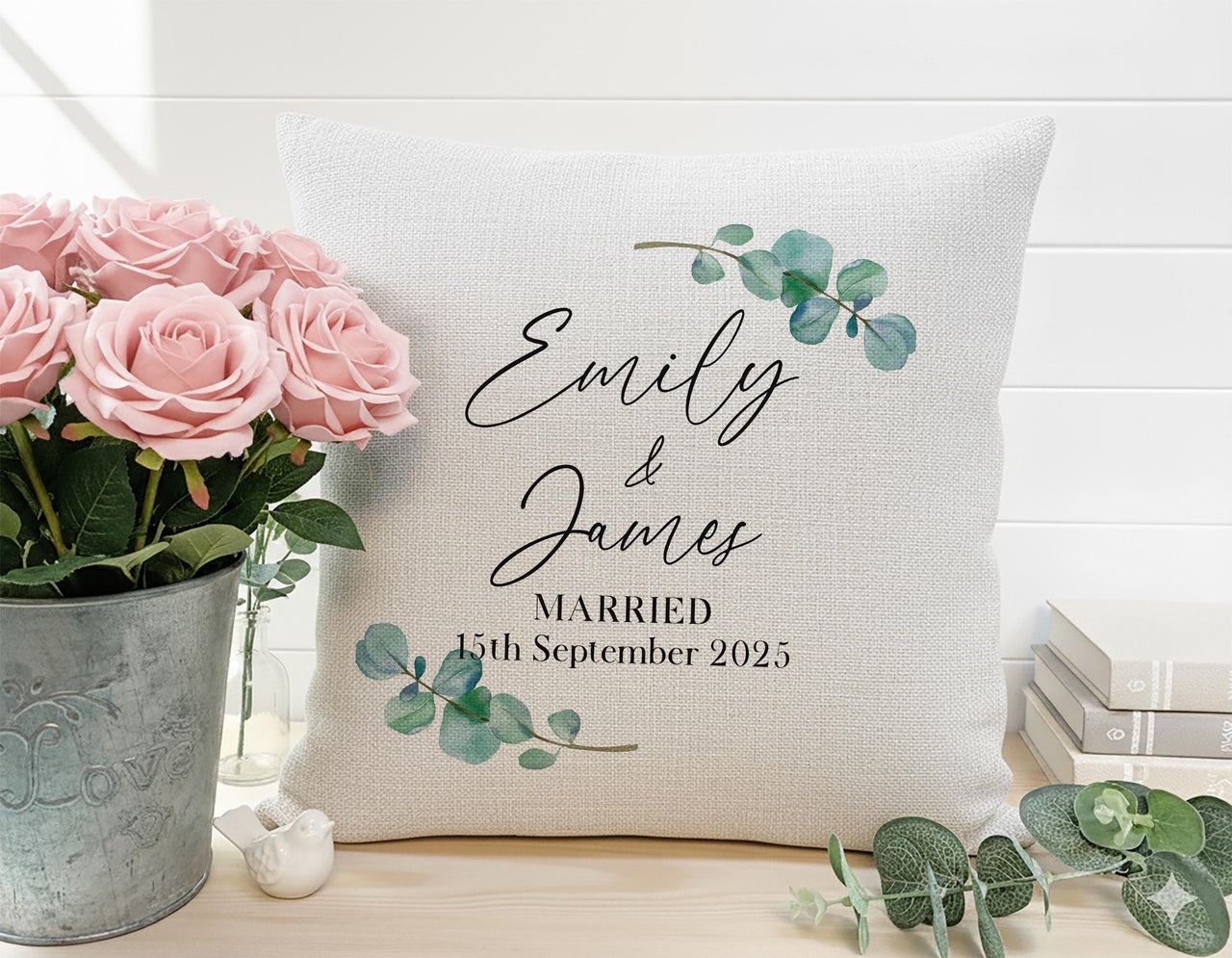 Personalised Just Married Wedding Cushion, Anniversary Gift for Couple, Newlywed Present from Family or Friend, Linen Pillow Case
