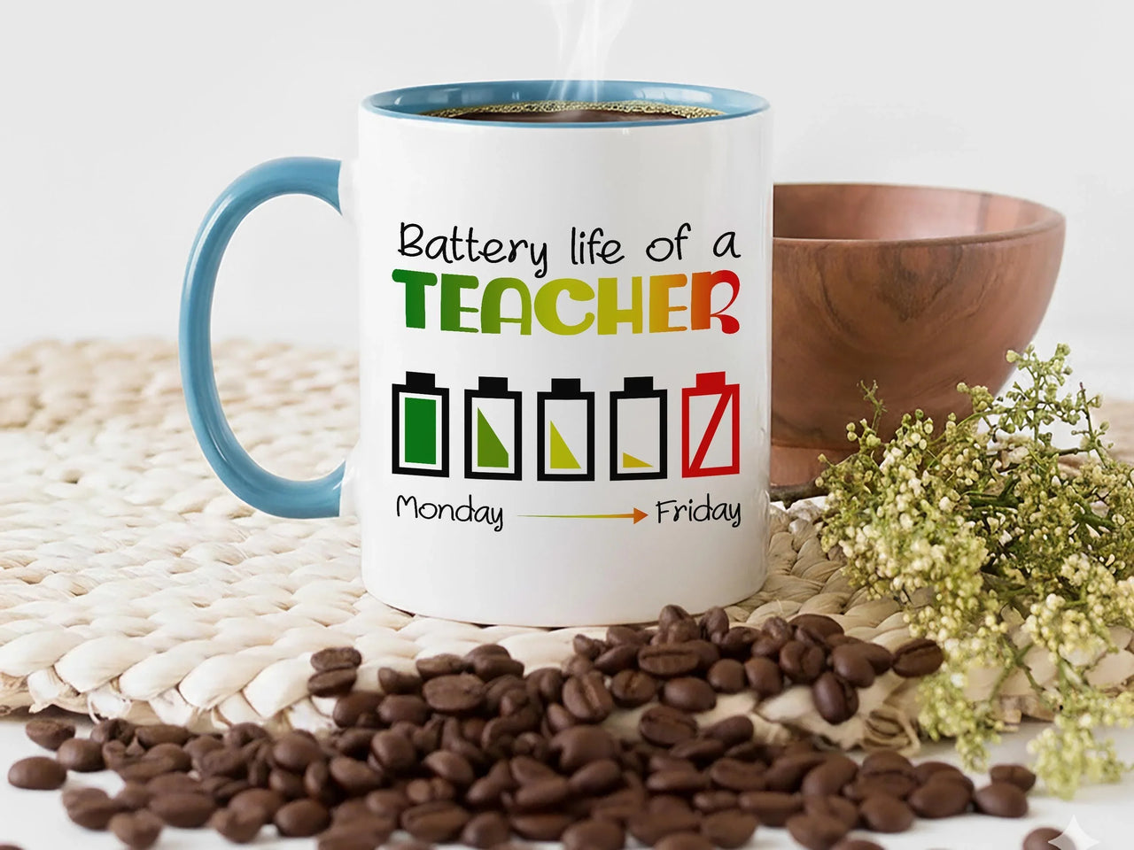 Funny Teacher Mug – Battery Life Monday to Friday | Teacher Appreciation Gift