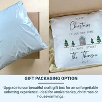 First Christmas Home Cushion – Personalised Family Name Pillow | New Home Keepsake