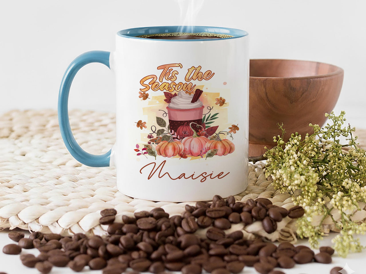 Tis the Season Personalised Pumpkin_Spice Mug – Name with Autumn Drink, Pumpkins & Leaves – Cosy Fall Gift