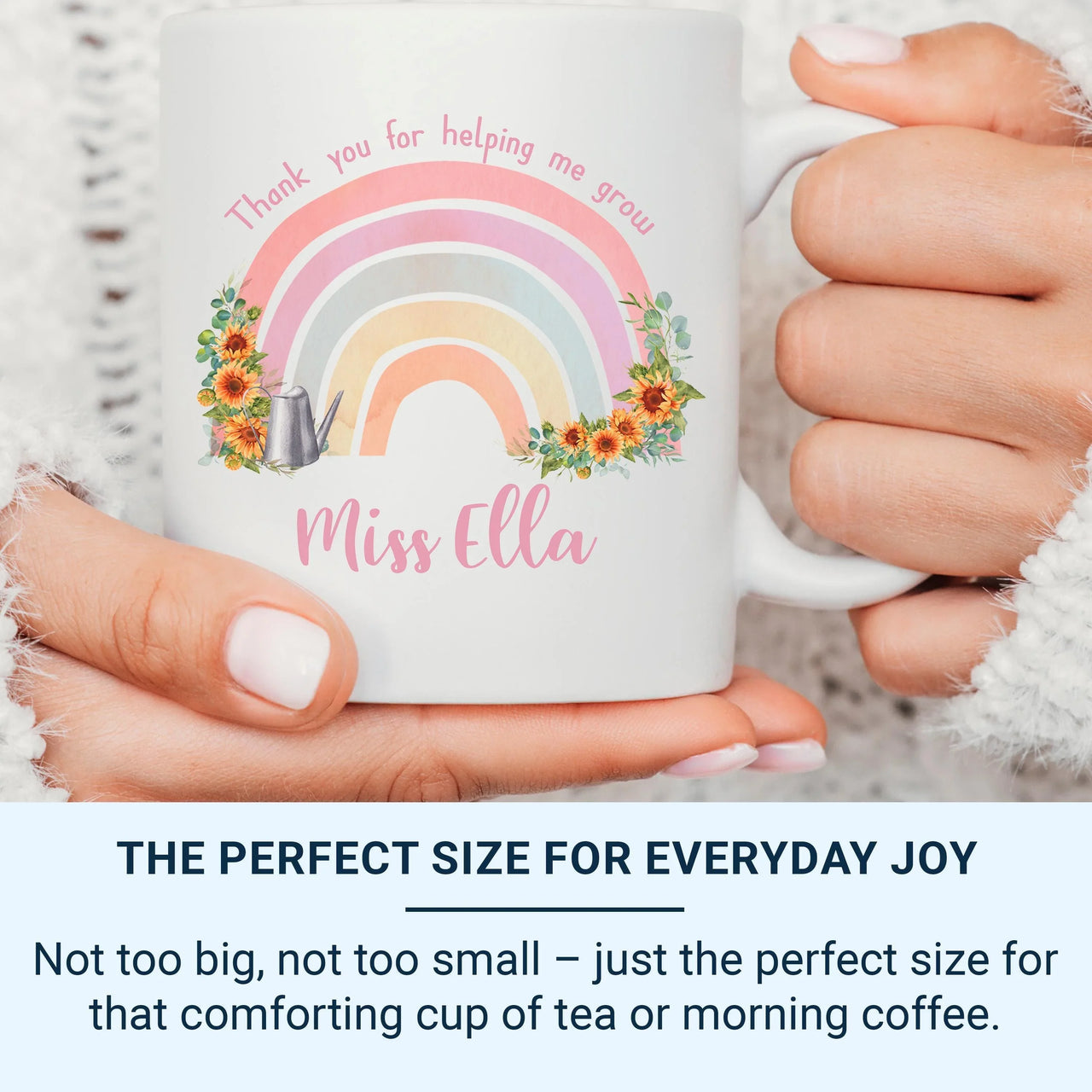 Thank You Teacher Mug – Personalised Rainbow & Sunflower Gift With Name