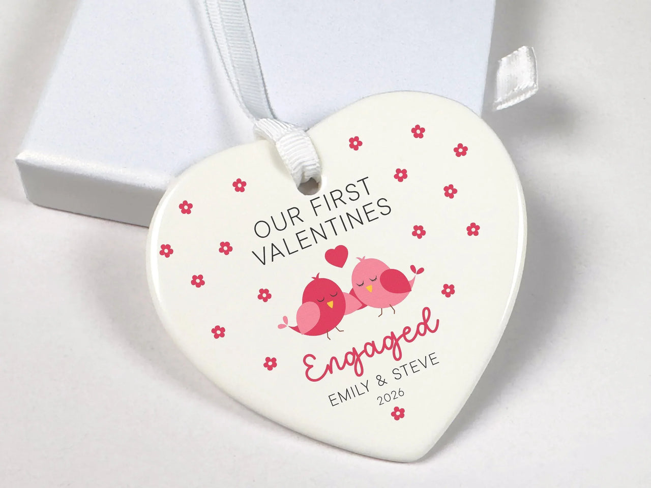 First Valentine Engaged Ornament - Pink Lovebirds Heart with Names 2026