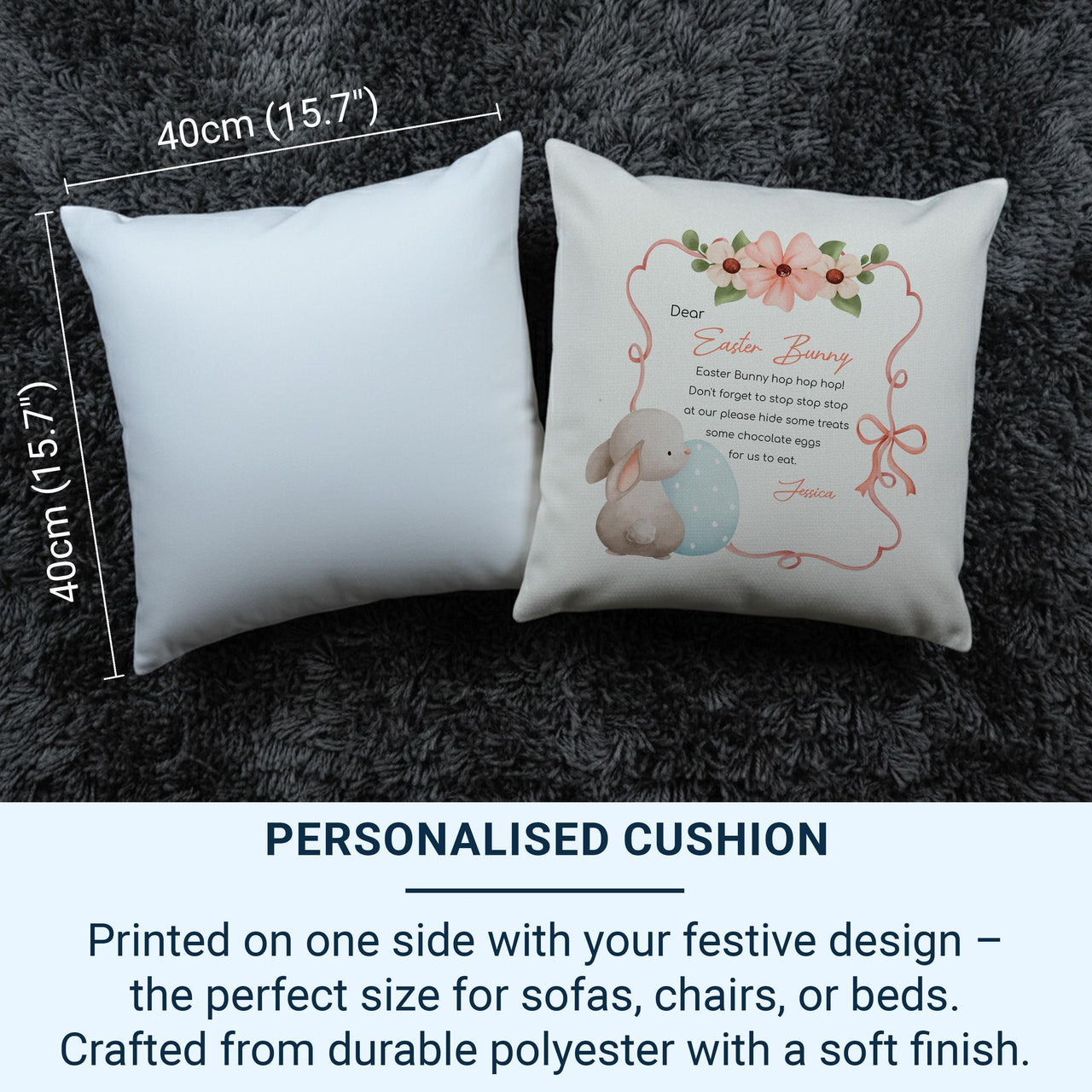 Personalised Easter Bunny Letter Cushion with Flowers - Cute Spring Poem Keepsake for Kids