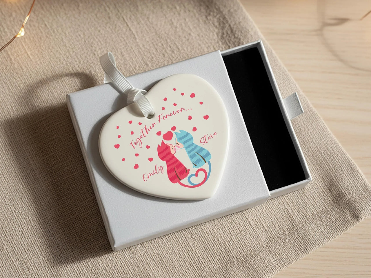 Cat Couple Heart Ornament - Together Forever Keepsake with Names for Lovers
