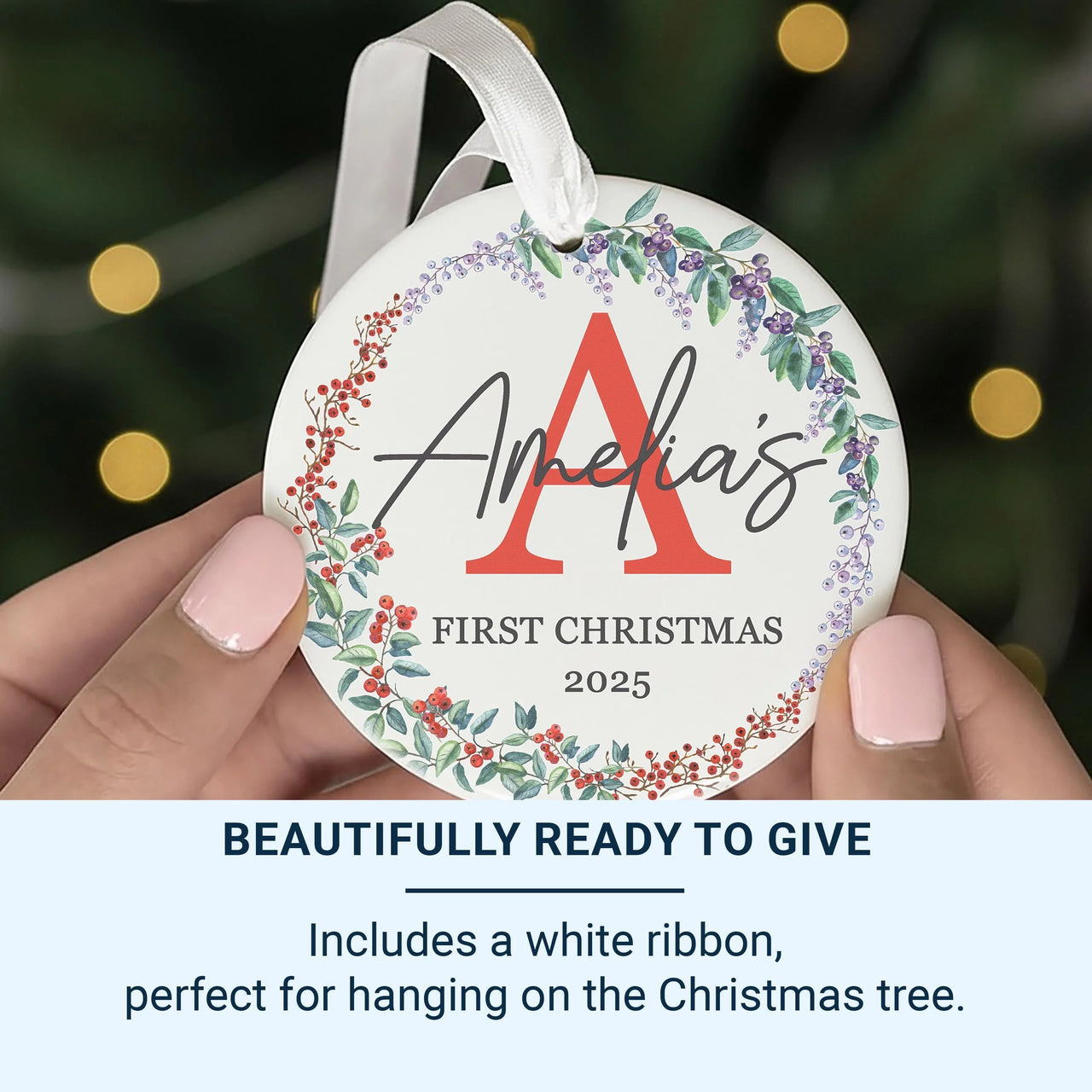 Baby First Christmas Ornament 2025 - Floral Wreath with Initial & Name