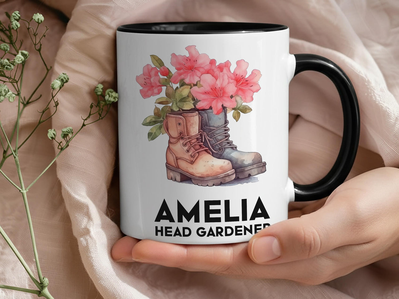 Head Gardener Personalised Mug – Name and Blooming Boots Design for Garden Lovers – Green_Thumb Thank_You and Allotment Tea