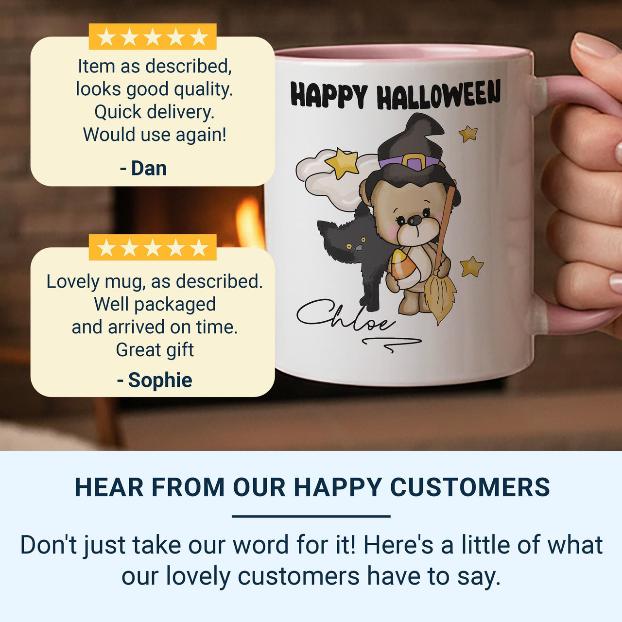 Happy Halloween Mug – Personalised Name with Witch Bear and Cat – Kids’ Spooky Season Trick_or_Treat Gift