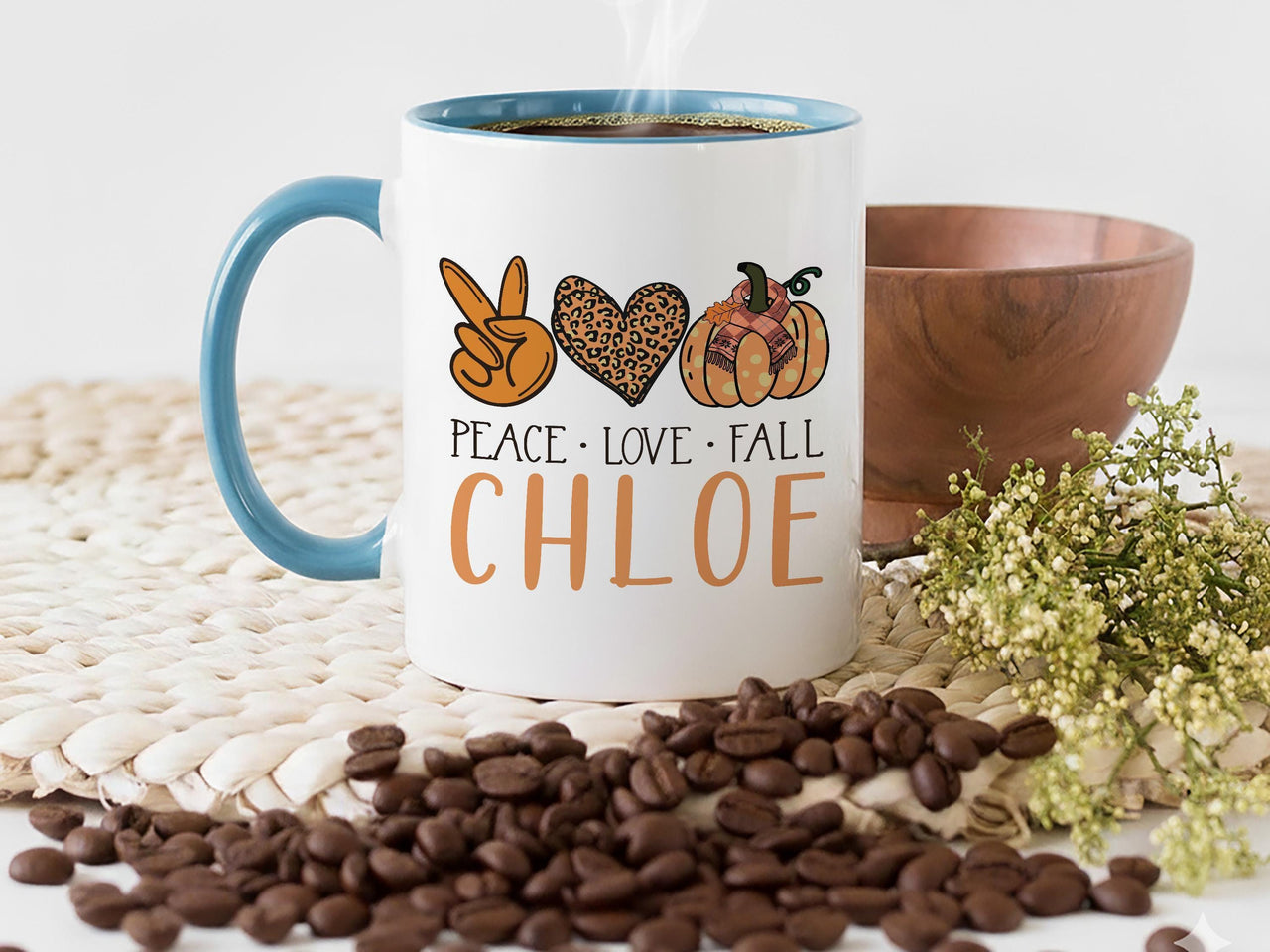 Peace Love Fall Personalised Name Mug – Boho Pumpkin, Peace Sign and Heart – Autumn Vibes Gift for Cosy Season Lovers