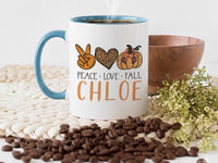 Peace Love Fall Personalised Name Mug – Boho Pumpkin, Peace Sign and Heart – Autumn Vibes Gift for Cosy Season Lovers