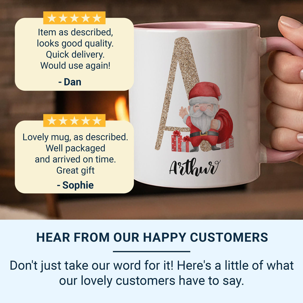 Personalised Santa Mug with Glitter Initial and Name - Christmas Gift for Kids