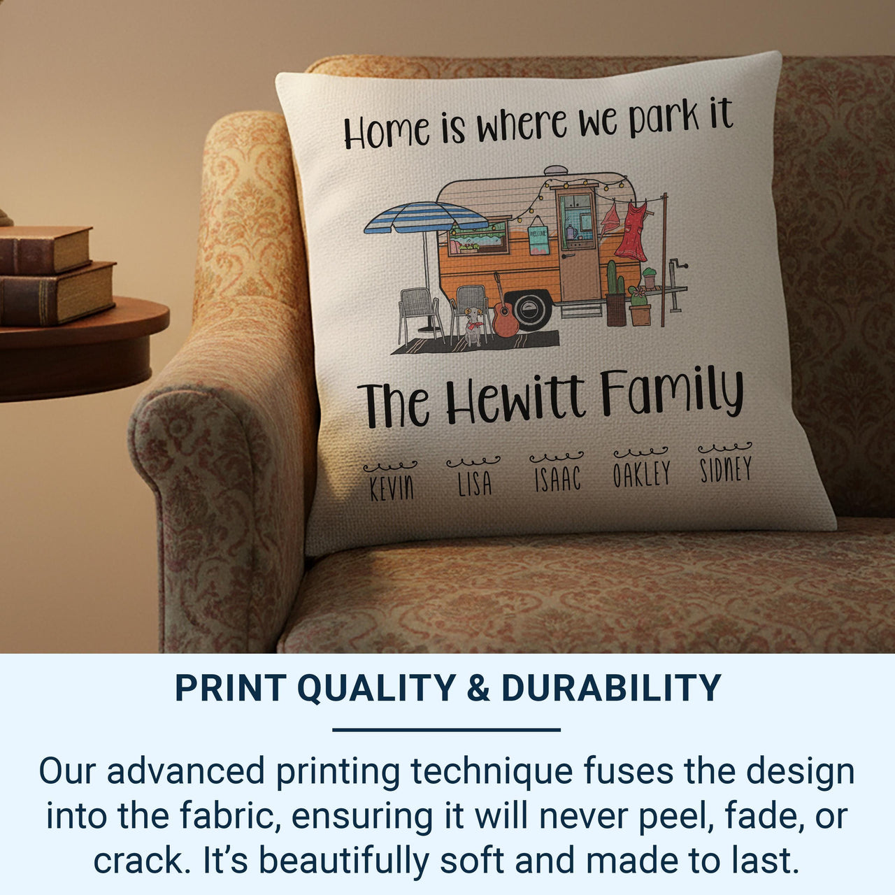 Personalised Campervan Cushion - Fun Family Adventure Keepsake with Names for Van Life Lovers