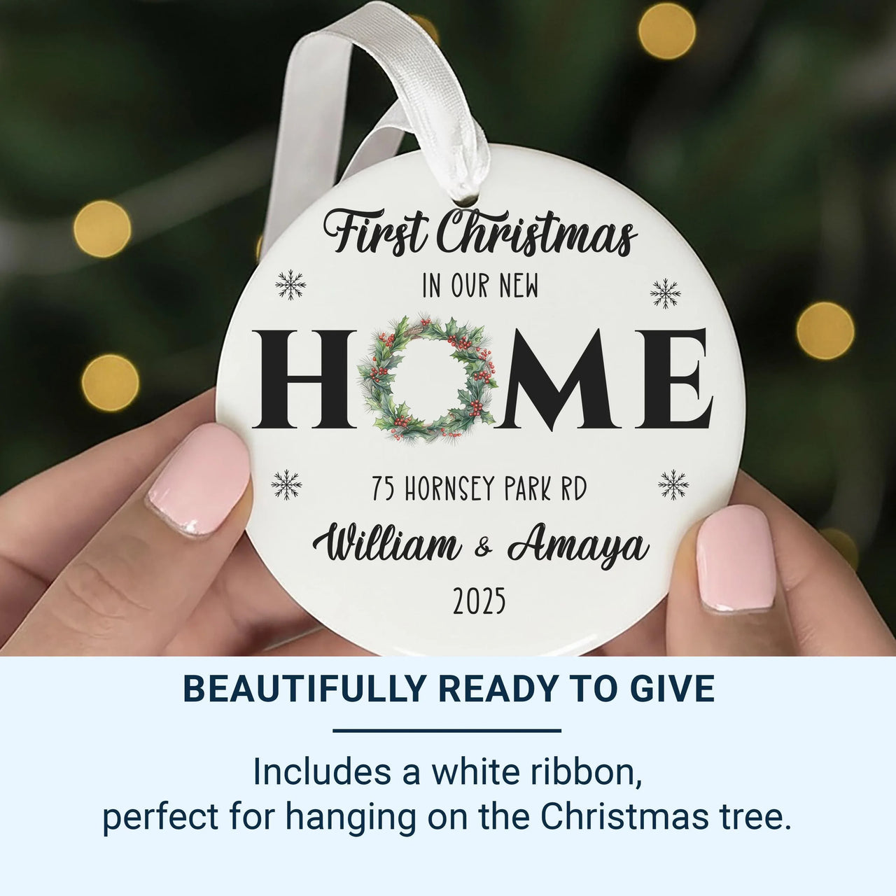 New Home Wreath Ornament - First Christmas Keepsake with Address & Names 2023