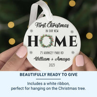 New Home Wreath Ornament - First Christmas Keepsake with Address & Names 2023
