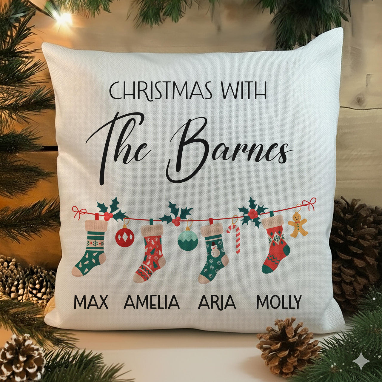Personalised Family Christmas Cushion - Garland & Stockings with Family Names