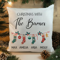 Personalised Family Christmas Cushion - Garland & Stockings with Family Names