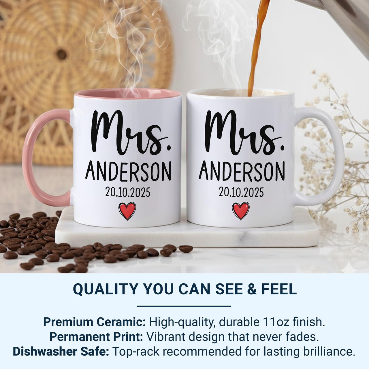 Mrs Mug Personalised with Surname and Wedding Date – Elegant Script with Red Heart – Bride Keepsake Gift