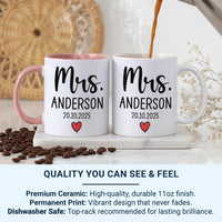 Mrs Mug Personalised with Surname and Wedding Date – Elegant Script with Red Heart – Bride Keepsake Gift