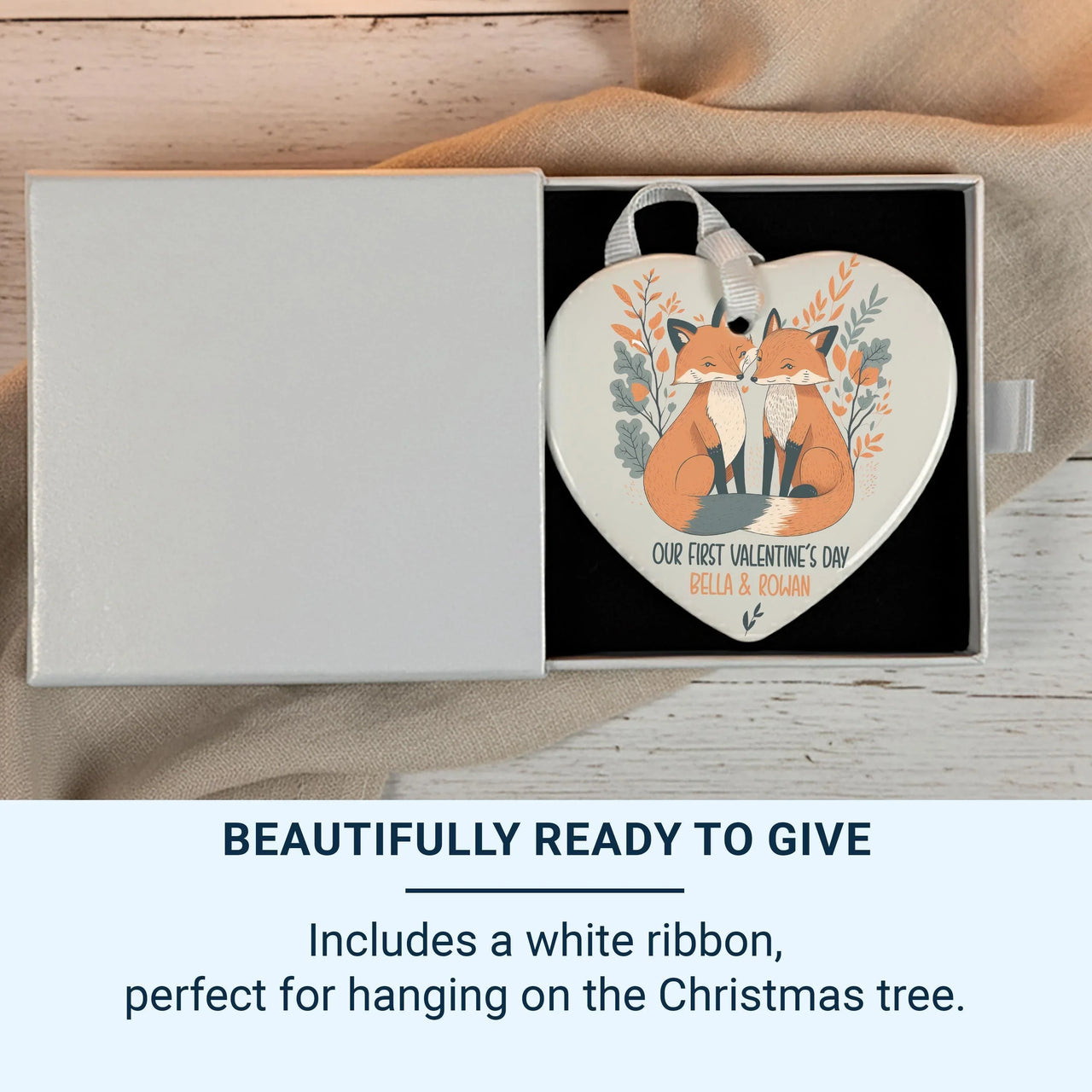 Valentine Foxes Heart Ornament - First Valentine Keepsake with Leafy Frame & Names