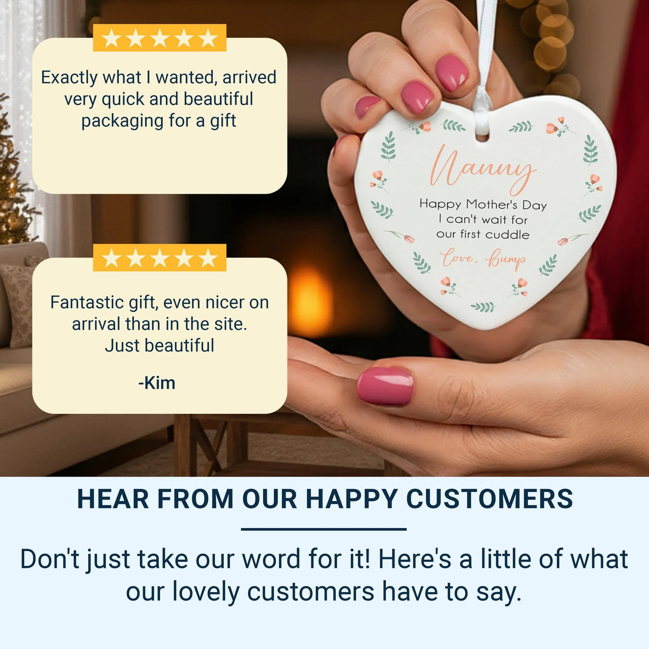 Nanny First Mother Day Ornament - Message from Bump Heart Keepsake with Floral Design