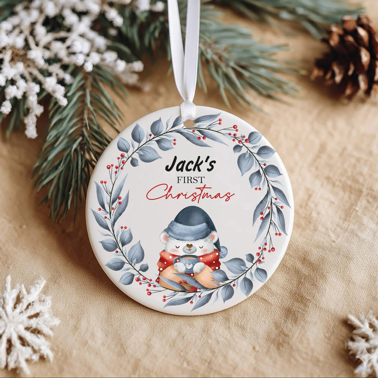 Bear Baby Ornament - First Christmas Keepsake with Winter Wreath & Name for Newborns