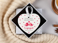 First Valentine Engaged Ornament - Pink Lovebirds Heart with Names 2026