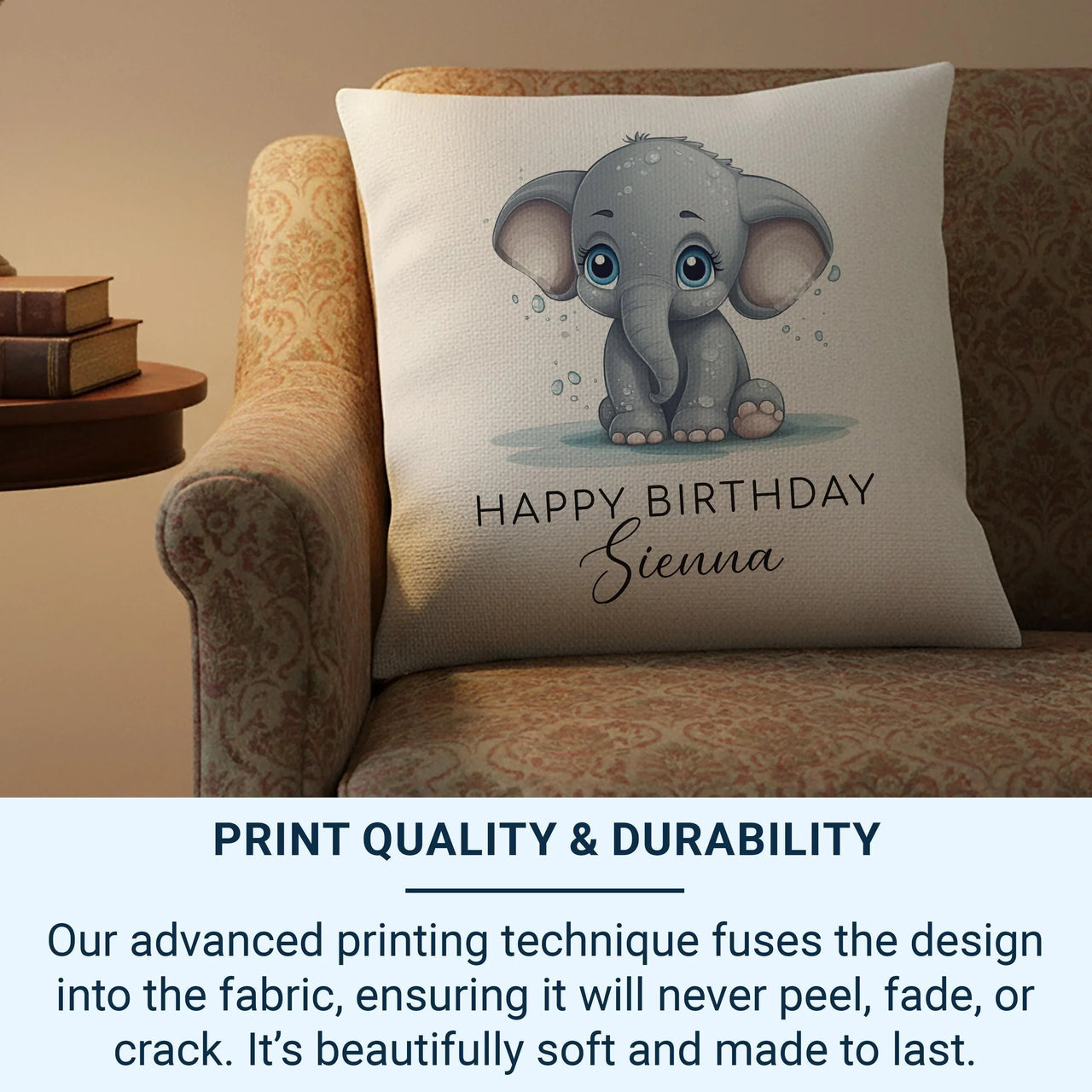 Personalised Elephant Cushion – Durable Printed Cushion With Custom Name Pillow